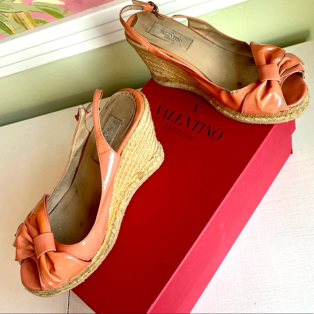Valentino Pink Patent Leather Wedge 🎀 Bow Espadrilles with Original 📦 Shoe Box
